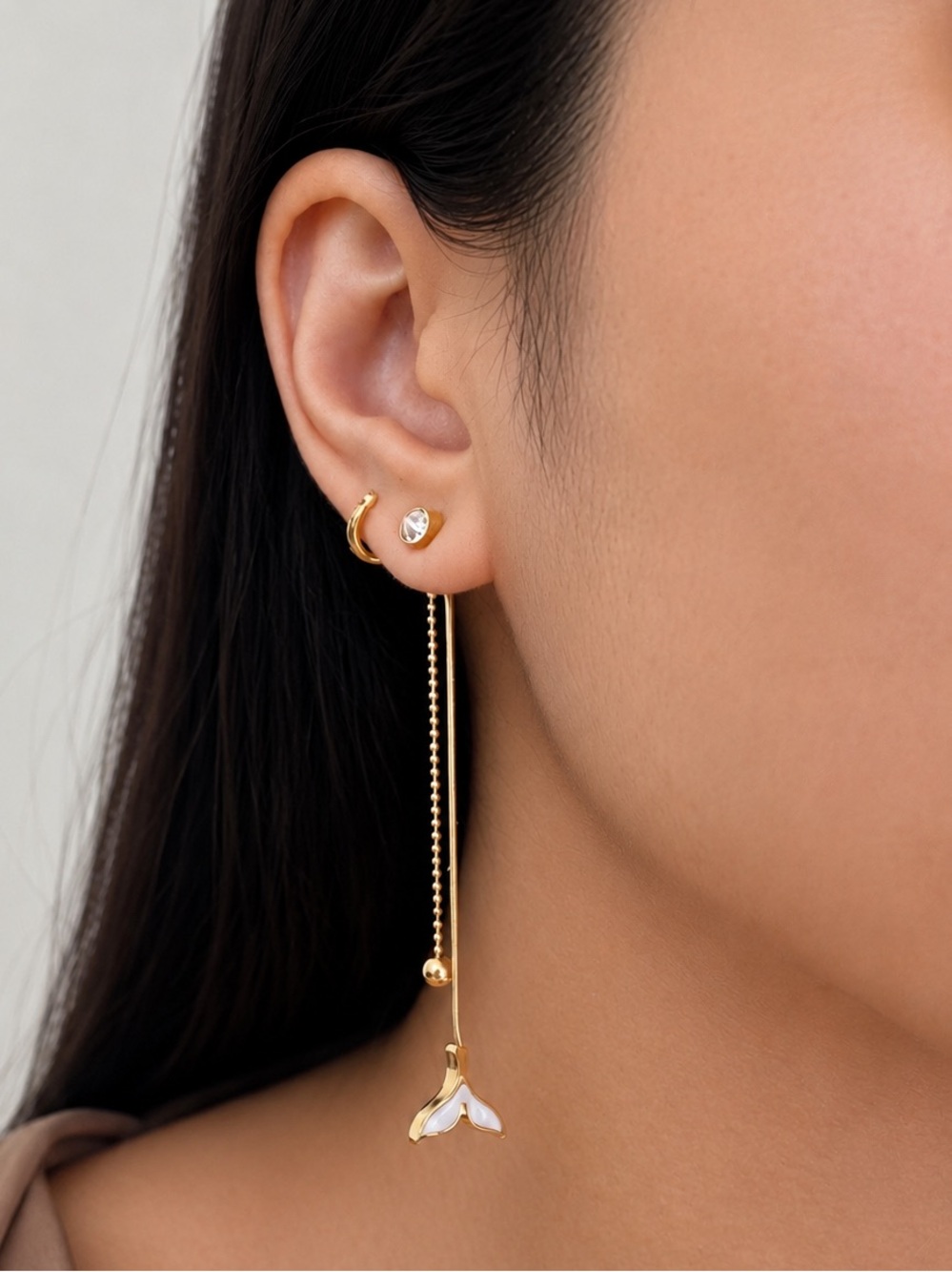 18K Gold Plated Stainless Steel Whale Tail Long Drop Earrings - Picture 2 of 4